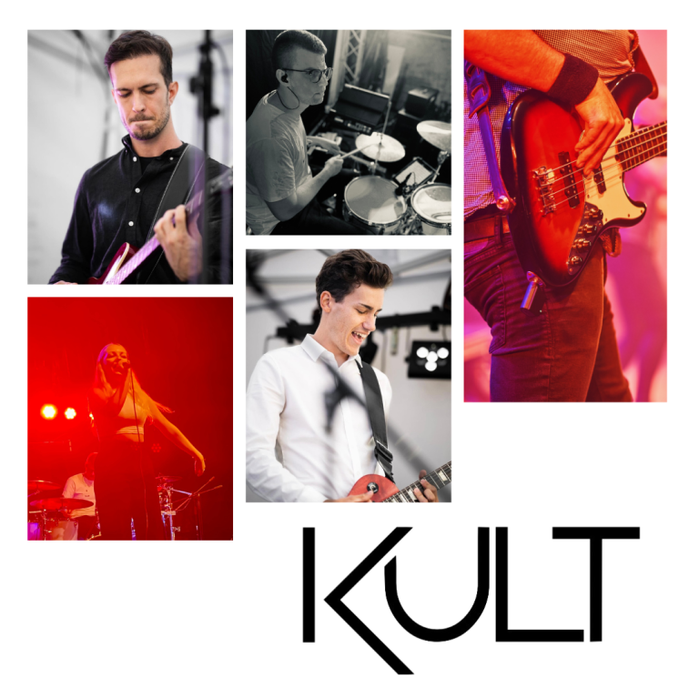 Bandmitglieder spielen verschiedene Musikinstrumente auf der Bühne. Der Name "KULT" ist deutlich sichtbar.